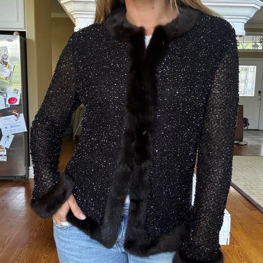 Chetta B black beaded jacket with mink trim glam special event luxury